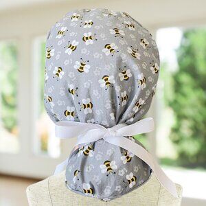 Bees Iin Gray ~ Ponytail Scrub Cap, Surgical Hat, OR, CNA, Cap, CRNA, Scrub Cap